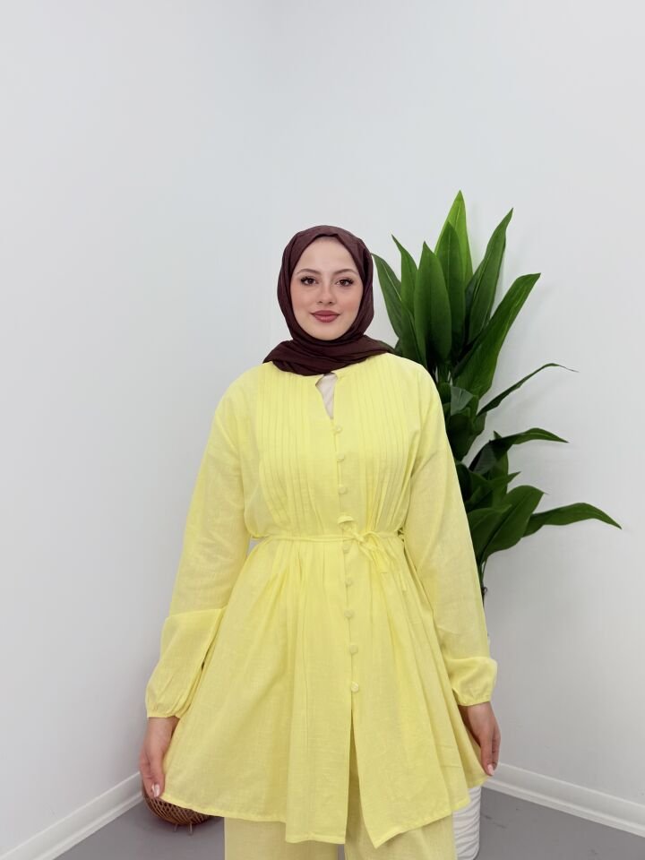 Premium Piliseli Keten Pantolonlu Takım Sarı S