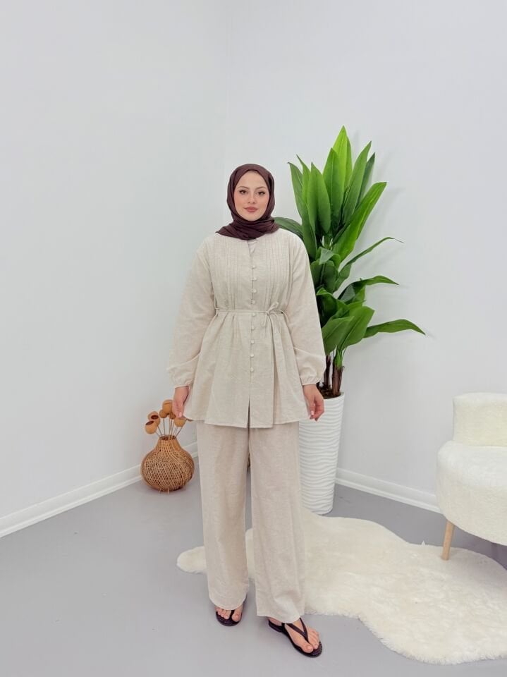 Premium Keten Piliseli Pantolonlu Takım Bej L