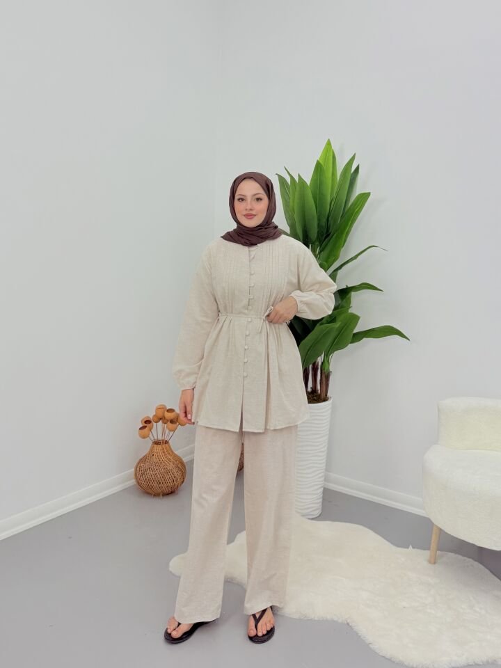 Premium Keten Piliseli Pantolonlu Takım Bej L
