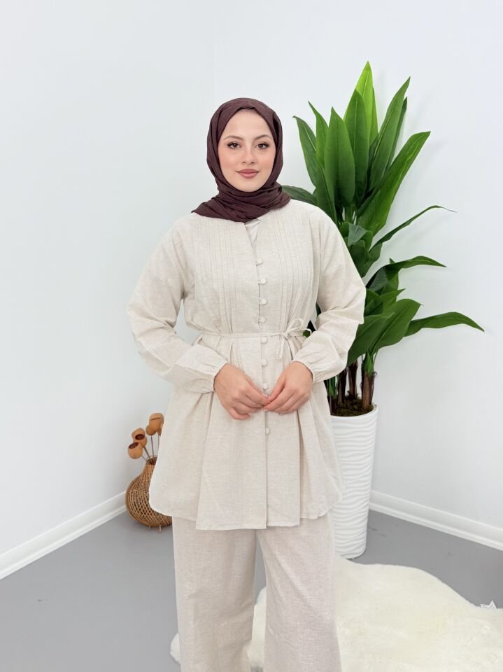 Premium Keten Piliseli Pantolonlu Takım Bej L