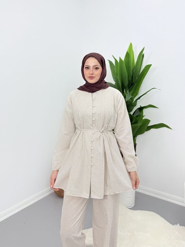 Premium Keten Piliseli Pantolonlu Takım Bej L