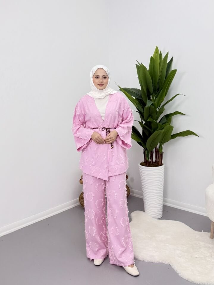 Püsküllü Kuşaklı  Kimono Takım Pembe XL