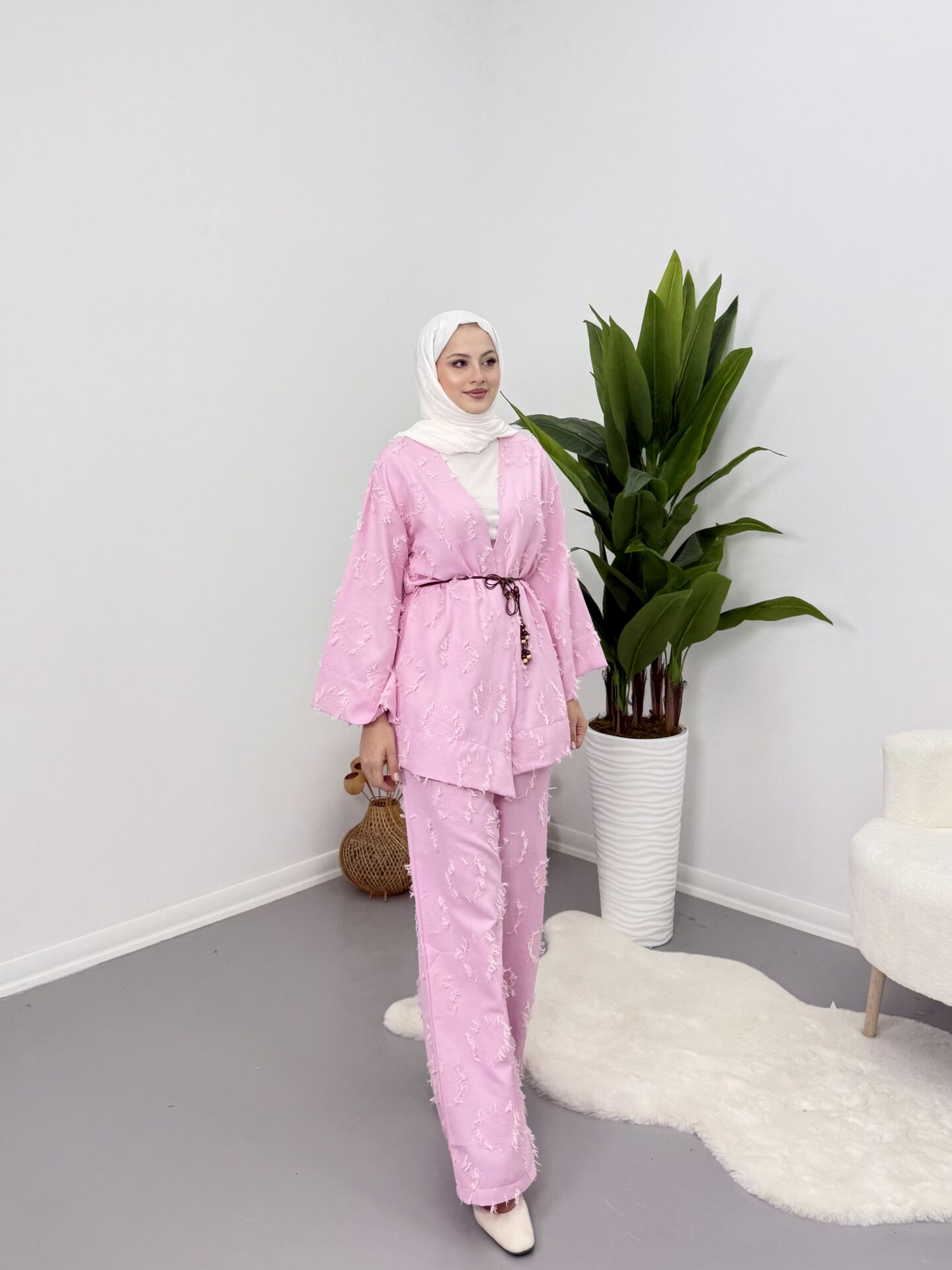 Püsküllü Kuşaklı  Kimono Takım Pembe XL