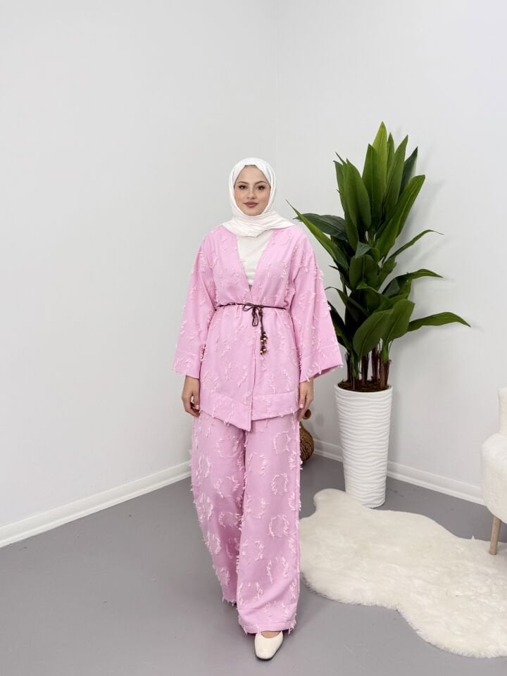 Püsküllü Kuşaklı  Kimono Takım Pembe XL