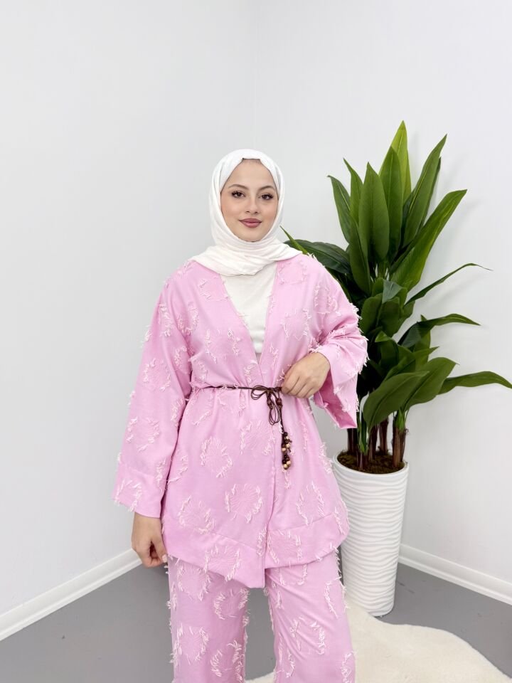 Püsküllü Kuşaklı  Kimono Takım Pembe XL