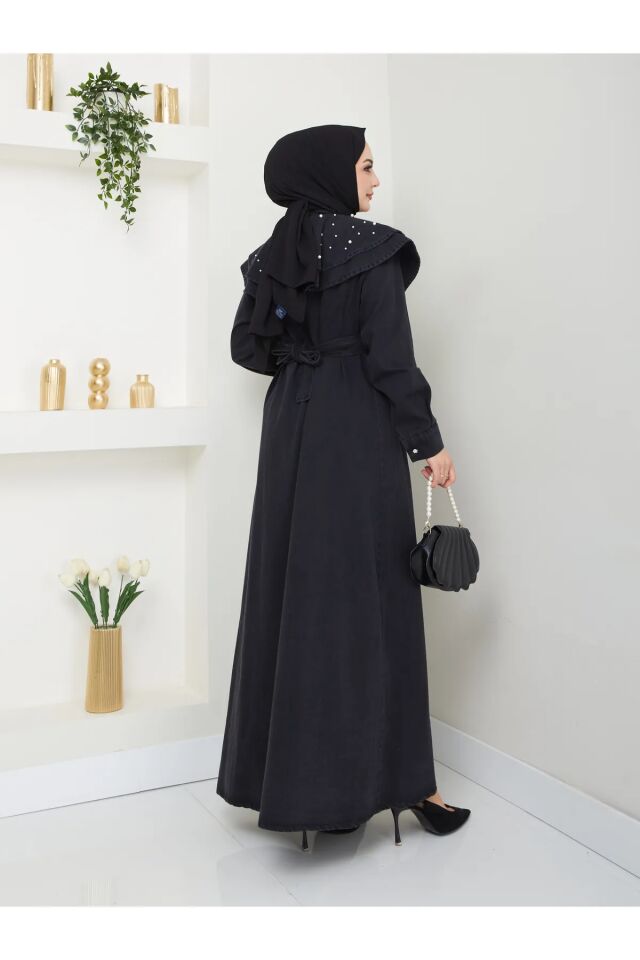 Yakası Katlı İncili Kot Elbise Siyah 4XL