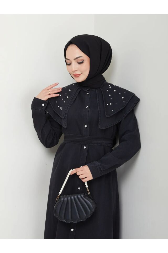 Yakası Katlı İncili Kot Elbise Siyah 4XL