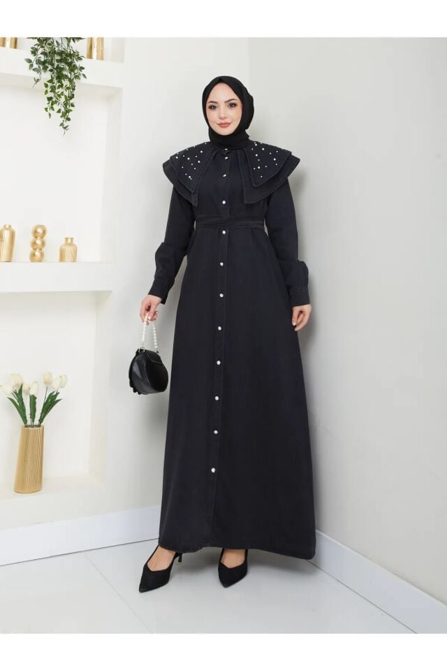 Yakası Katlı İncili Kot Elbise Siyah 4XL