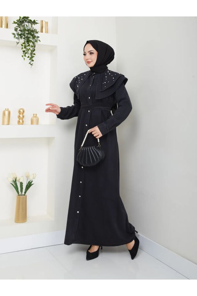 Yakası Katlı İncili Kot Elbise Siyah 4XL