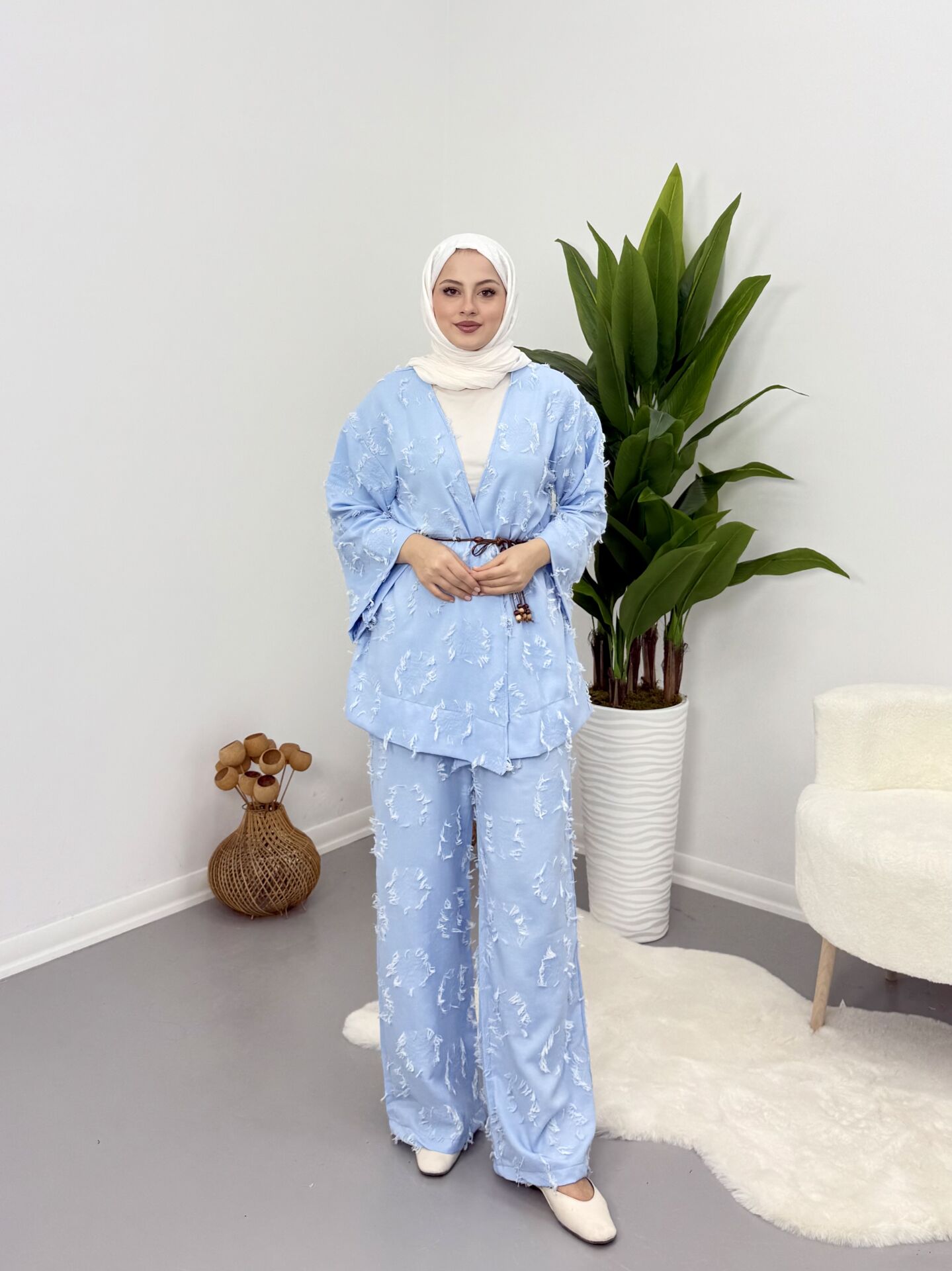 Püsküllü Kuşaklı  Kimono Takım Mavi