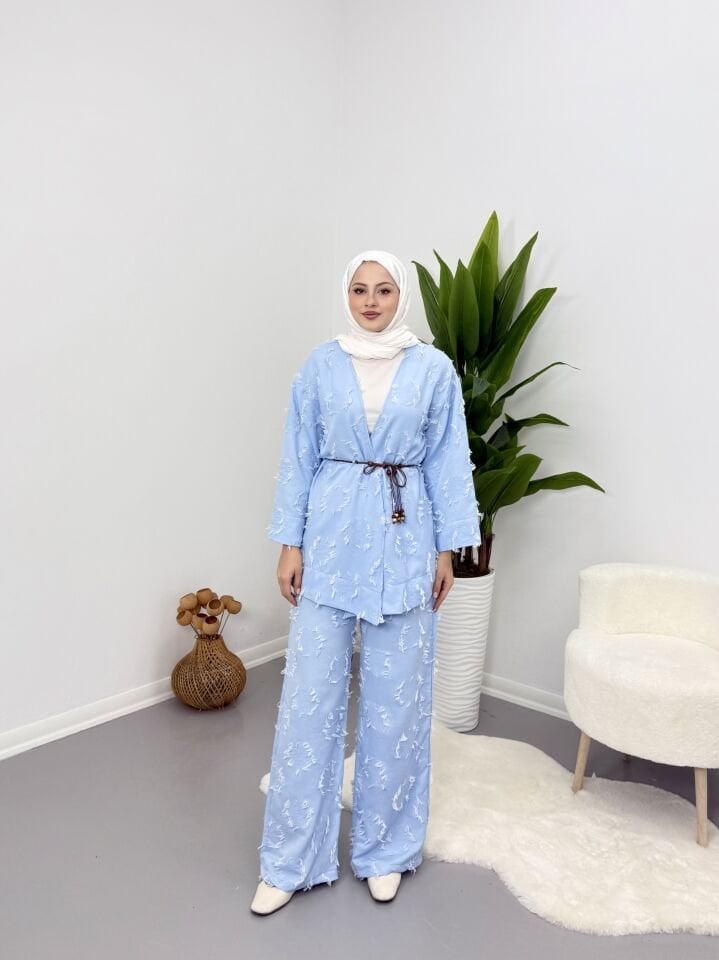 Püsküllü Kuşaklı  Kimono Takım Mavi