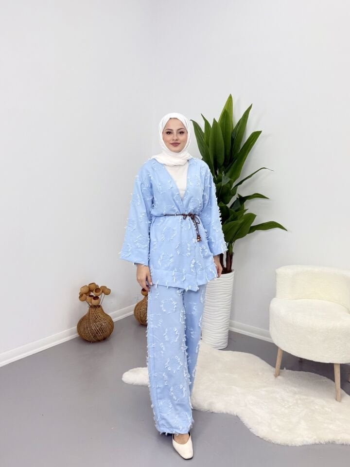 Püsküllü Kuşaklı  Kimono Takım Mavi