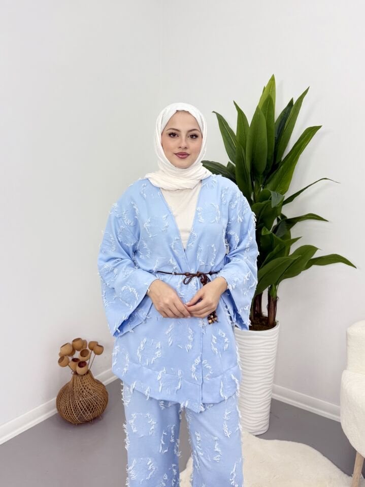 Püsküllü Kuşaklı  Kimono Takım Mavi