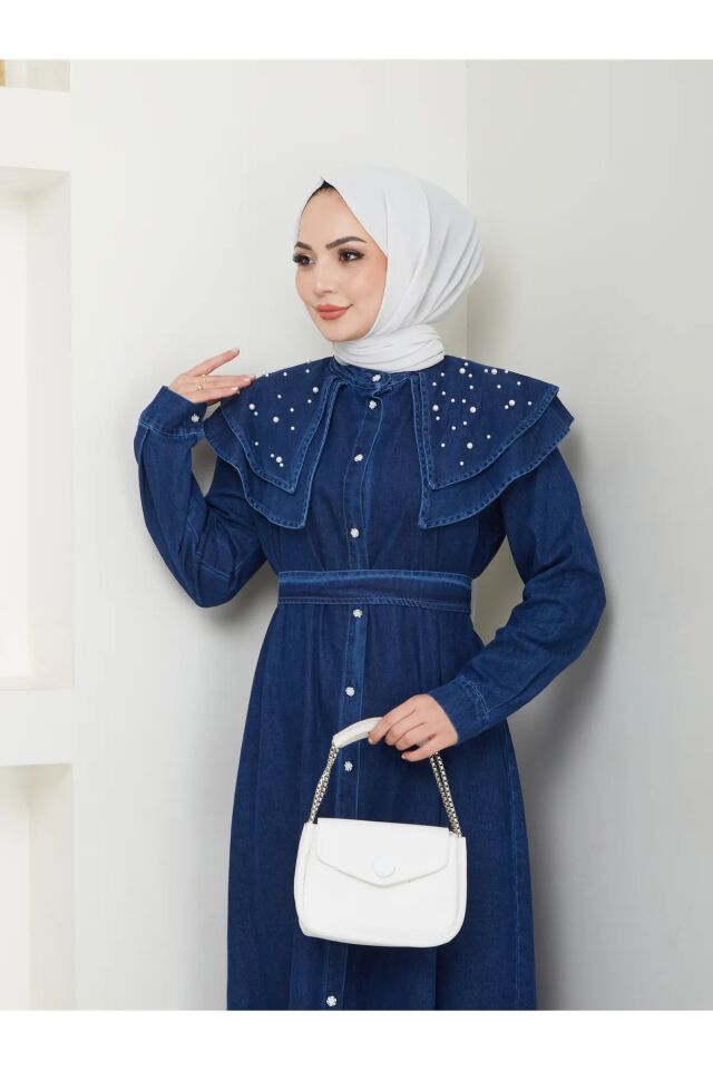 Yakası Katlı İncili Kot Elbise Lacivert 4XL