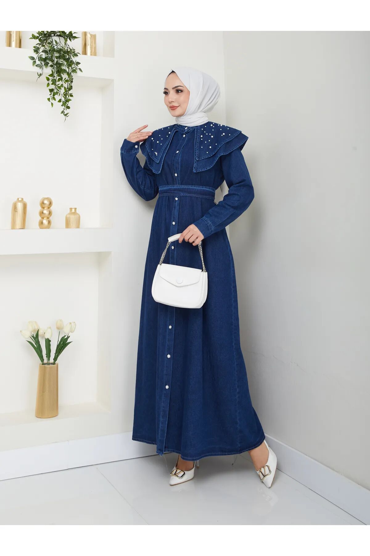 Yakası Katlı İncili Kot Elbise Lacivert 4XL