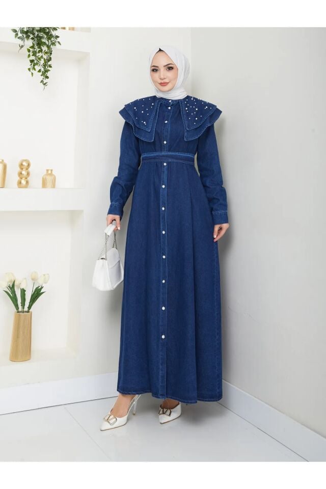 Yakası Katlı İncili Kot Elbise Lacivert 4XL