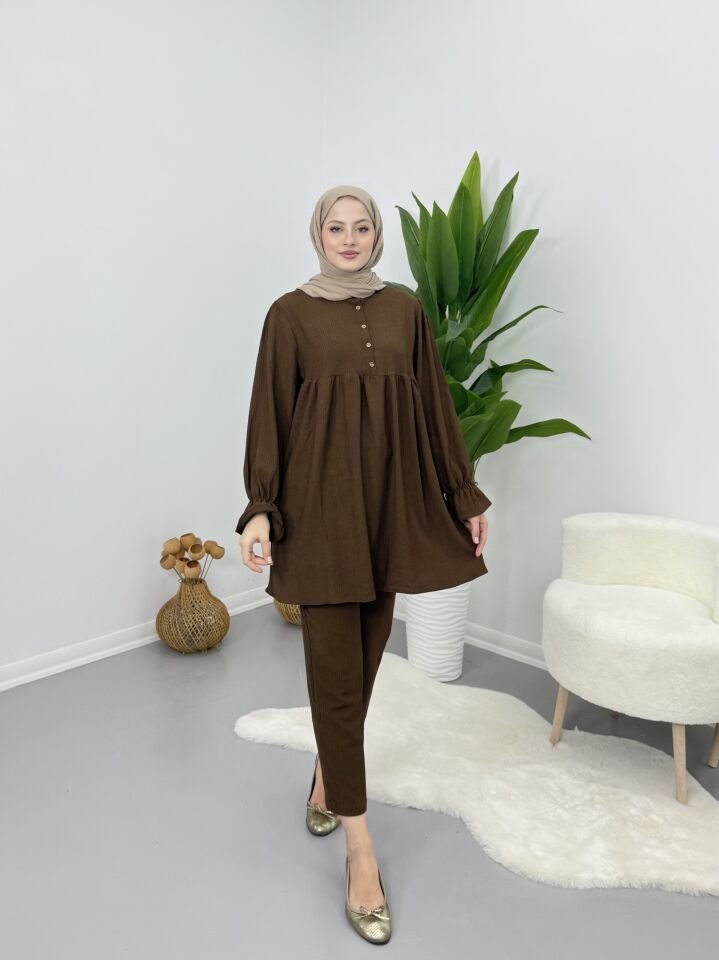 Hakim Yaka Kolları Büzgülü Takım Kahve XL