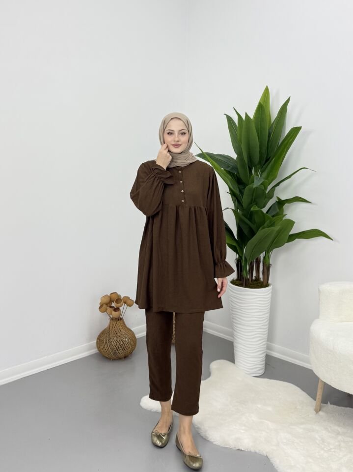 Hakim Yaka Kolları Büzgülü Takım Kahve XL