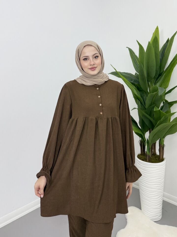 Hakim Yaka Kolları Büzgülü Takım Kahve XL