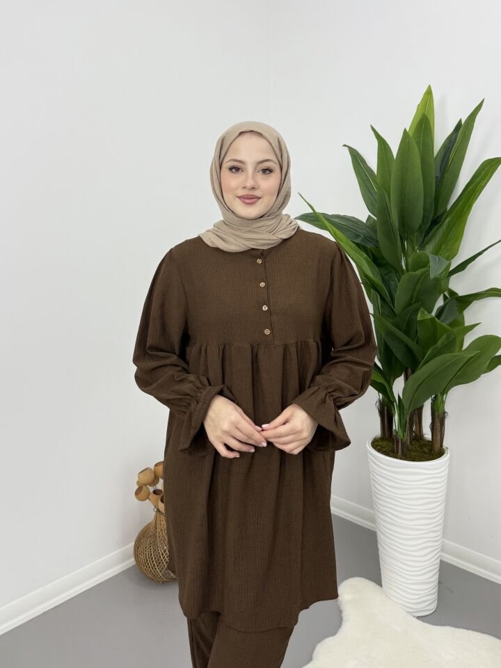 Hakim Yaka Kolları Büzgülü Takım Kahve XL