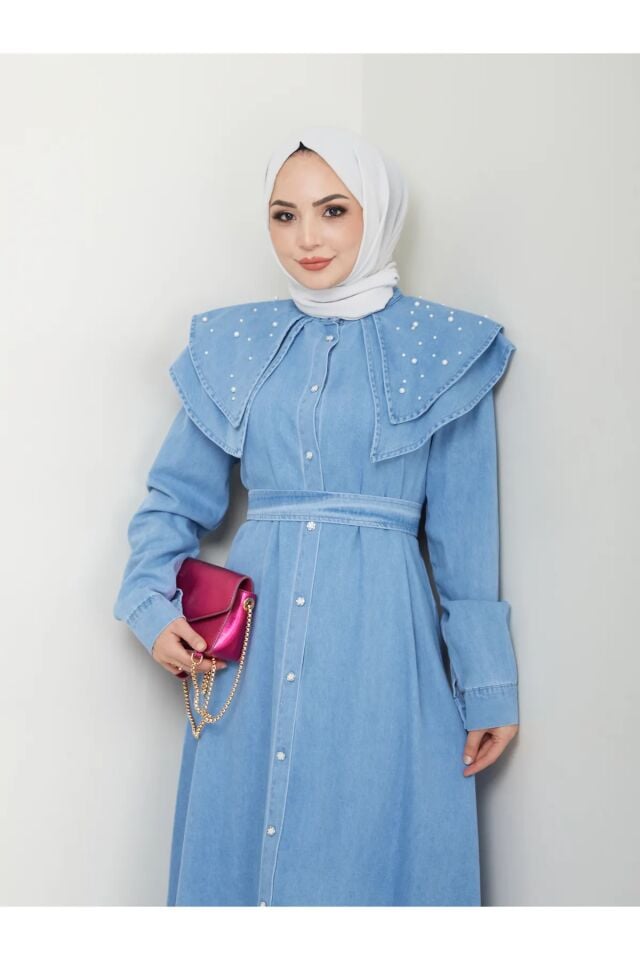 Yakası Katlı İncili Kot Elbise Mavi 4XL