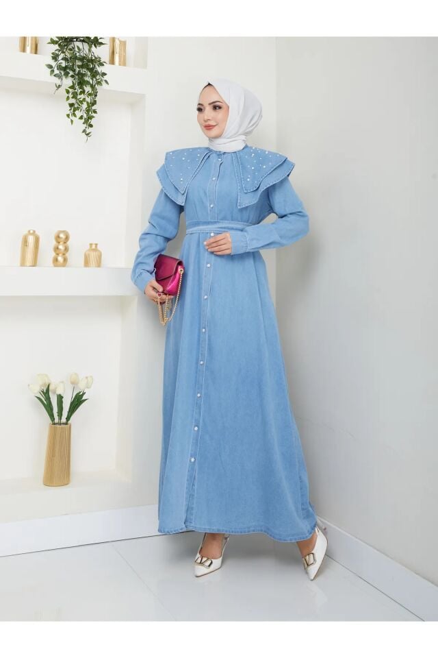 Yakası Katlı İncili Kot Elbise Mavi 4XL