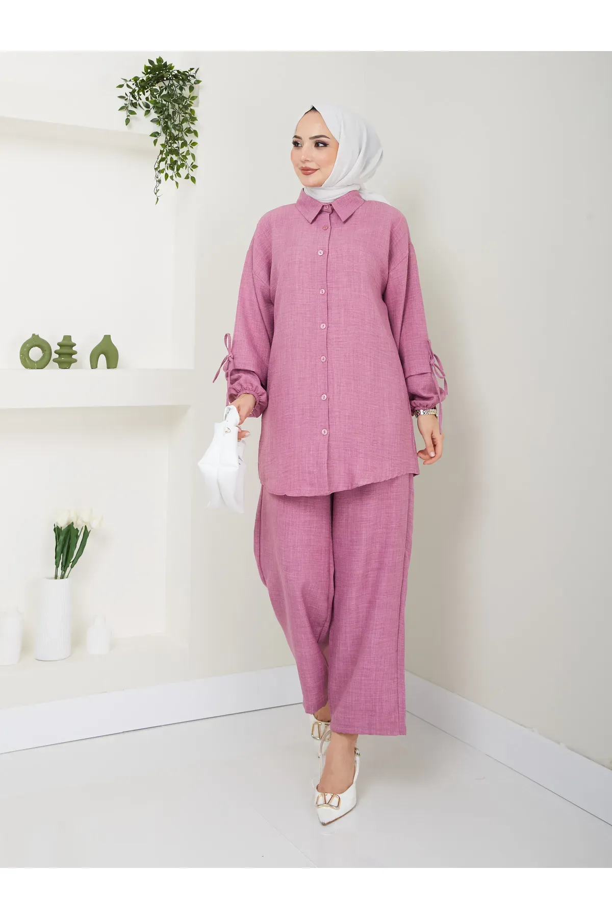 Düğmeli Keten İkili Takım Pembe S