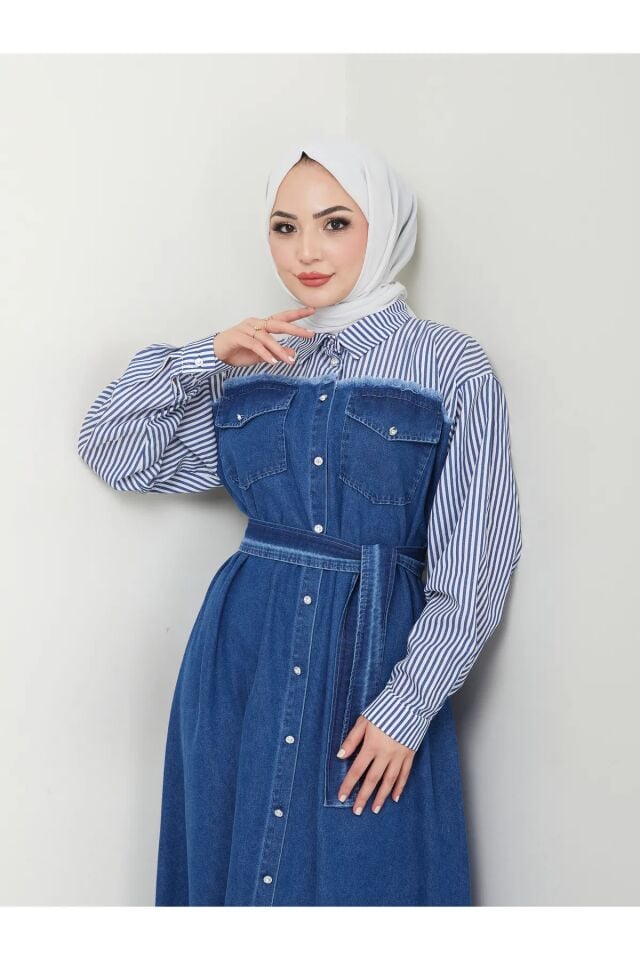 Çizgili Gömlek Detaylı Kot Elbise Mavi 4XL