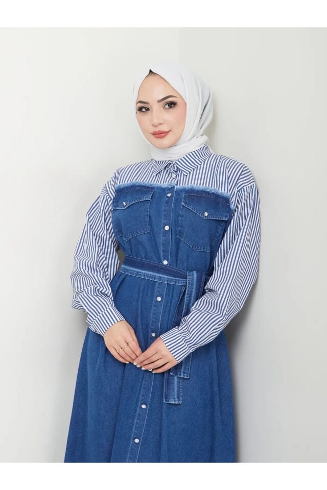 Çizgili Gömlek Detaylı Kot Elbise Mavi 4XL