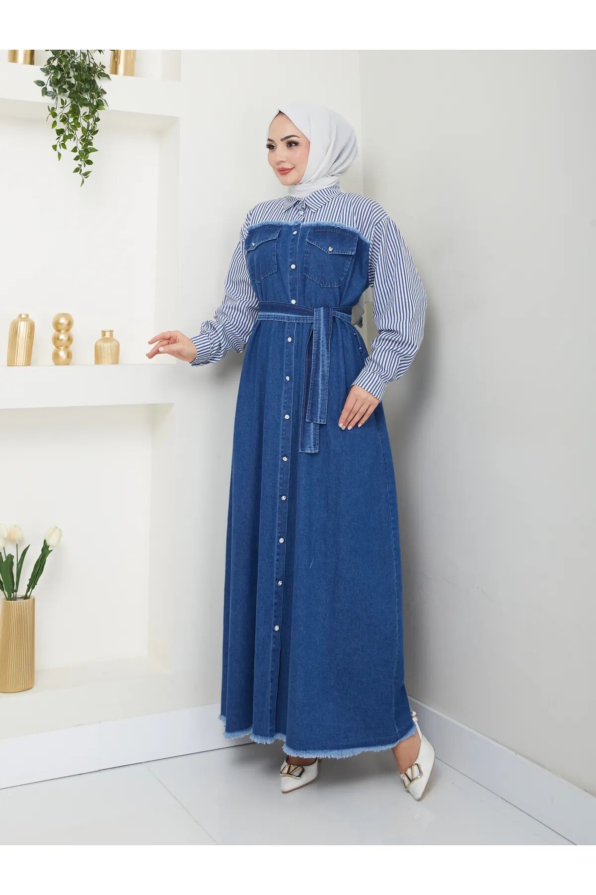 Çizgili Gömlek Detaylı Kot Elbise Mavi 4XL