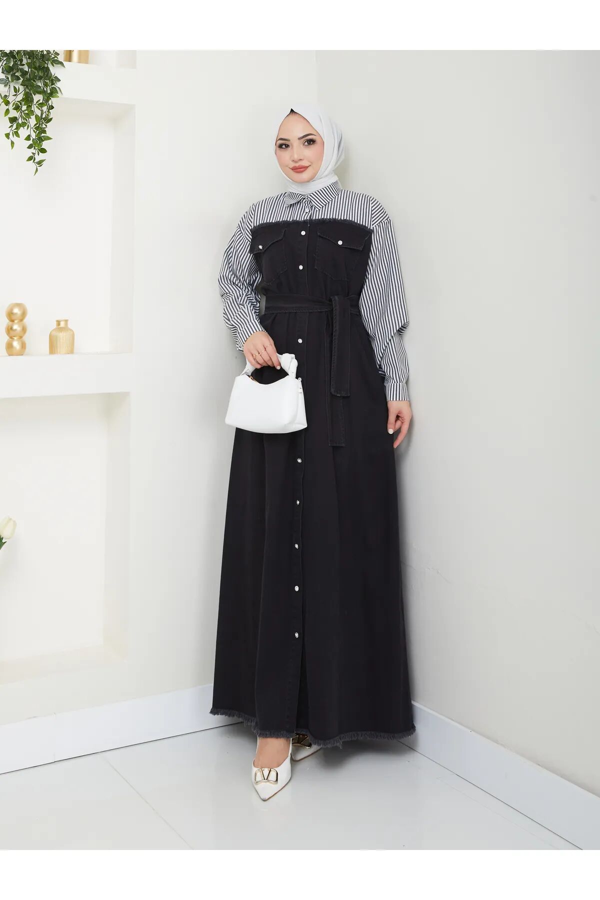 Çizgili Gömlek Detaylı Kot Elbise Siyah 4XL