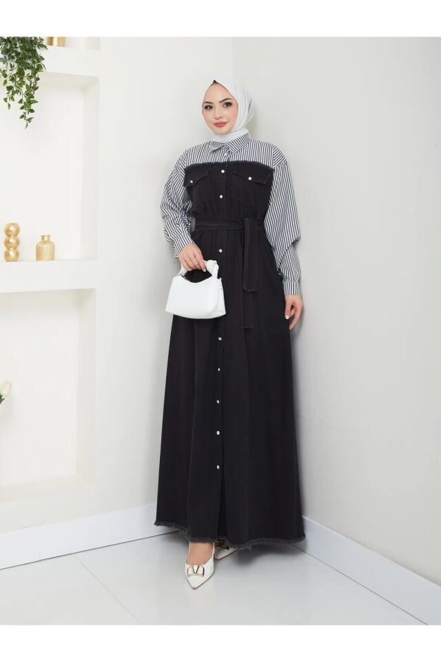 Çizgili Gömlek Detaylı Kot Elbise Siyah 4XL