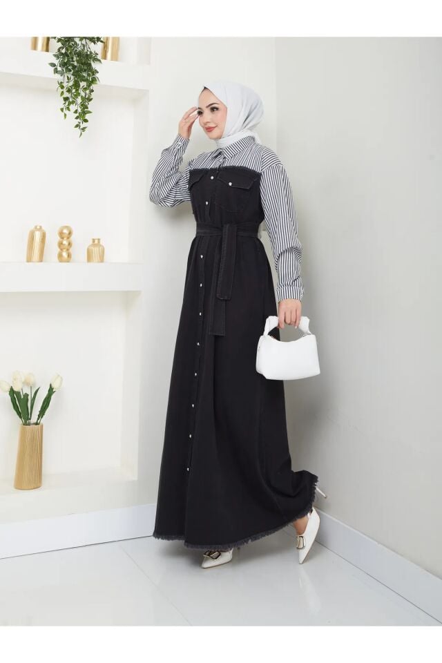 Çizgili Gömlek Detaylı Kot Elbise Siyah 4XL