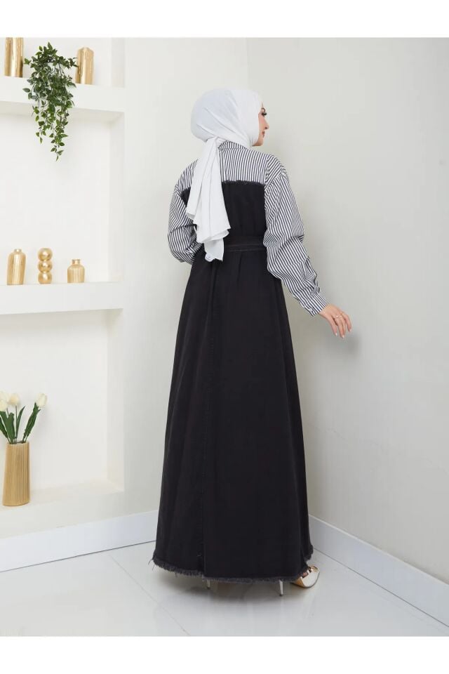 Çizgili Gömlek Detaylı Kot Elbise Siyah 4XL