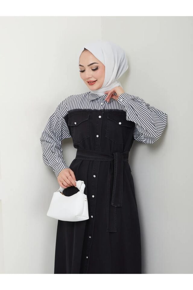Çizgili Gömlek Detaylı Kot Elbise Siyah 4XL