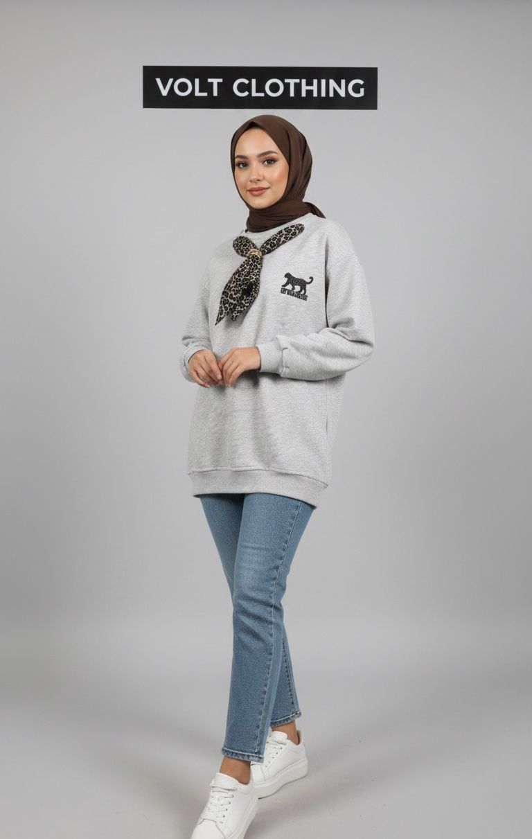 ÖNÜ FULAR DETAYLI SWEATHIRT GRİ S