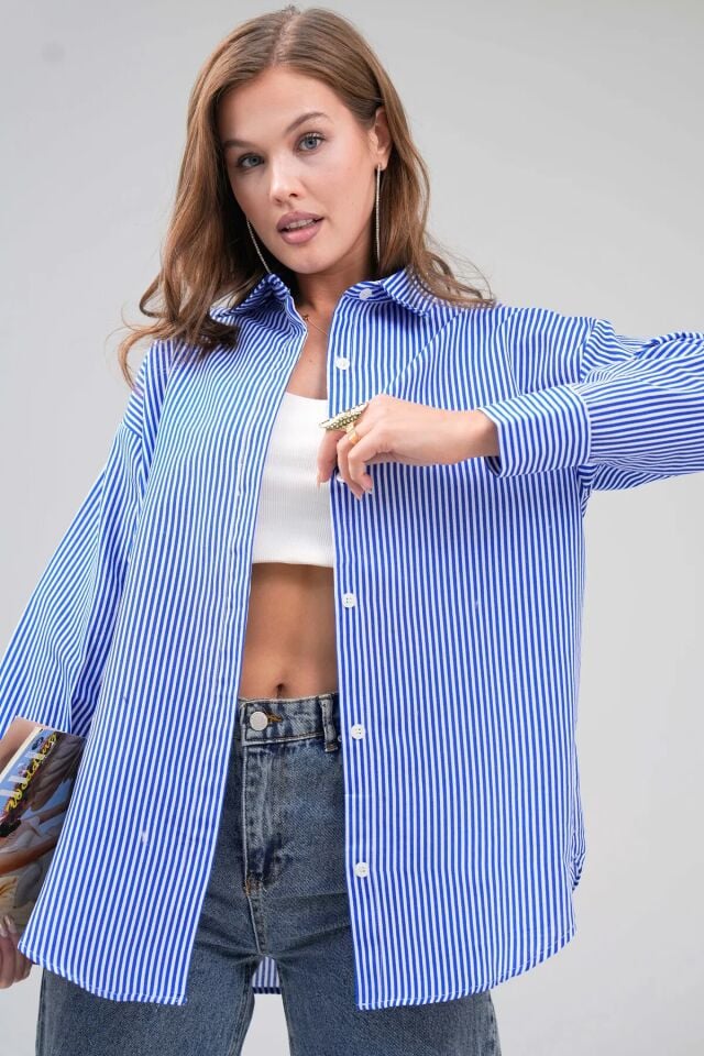 Basic Oversize Gömlek Çizgili M