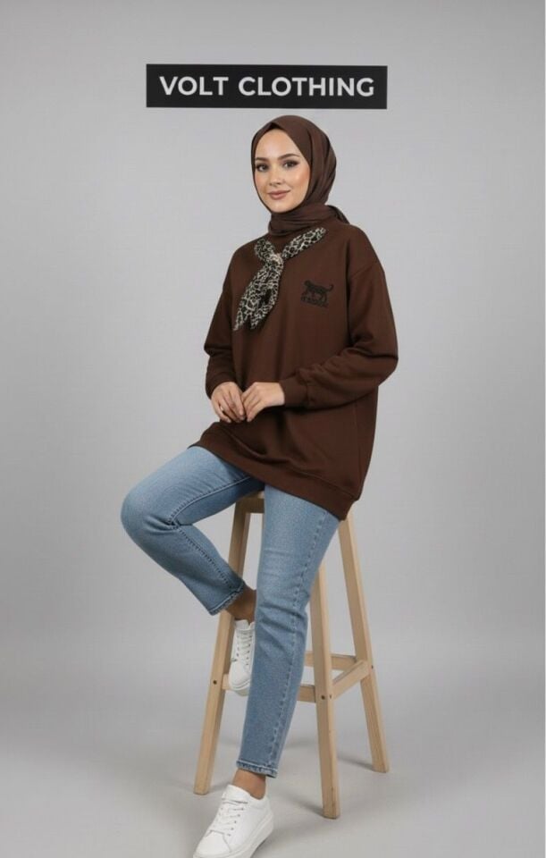 ÖNÜ FULAR DETAYLI SWEATHIRT KAHVERENGİ XL