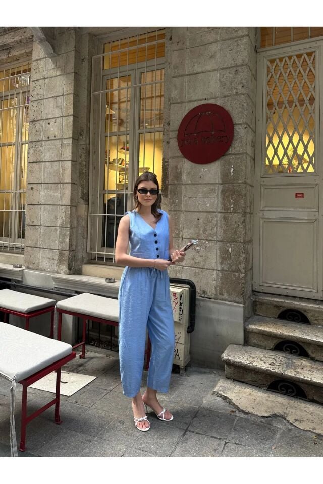 Premium Kumaş Yelekli Şalvar Kesim Pantolonlu Takım Mavi L