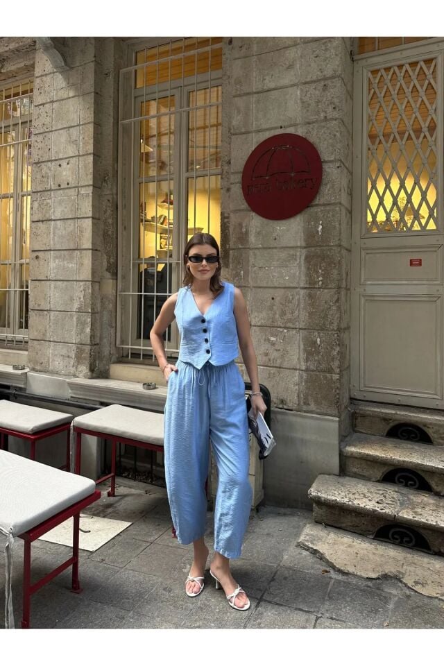 Premium Kumaş Yelekli Şalvar Kesim Pantolonlu Takım Mavi L