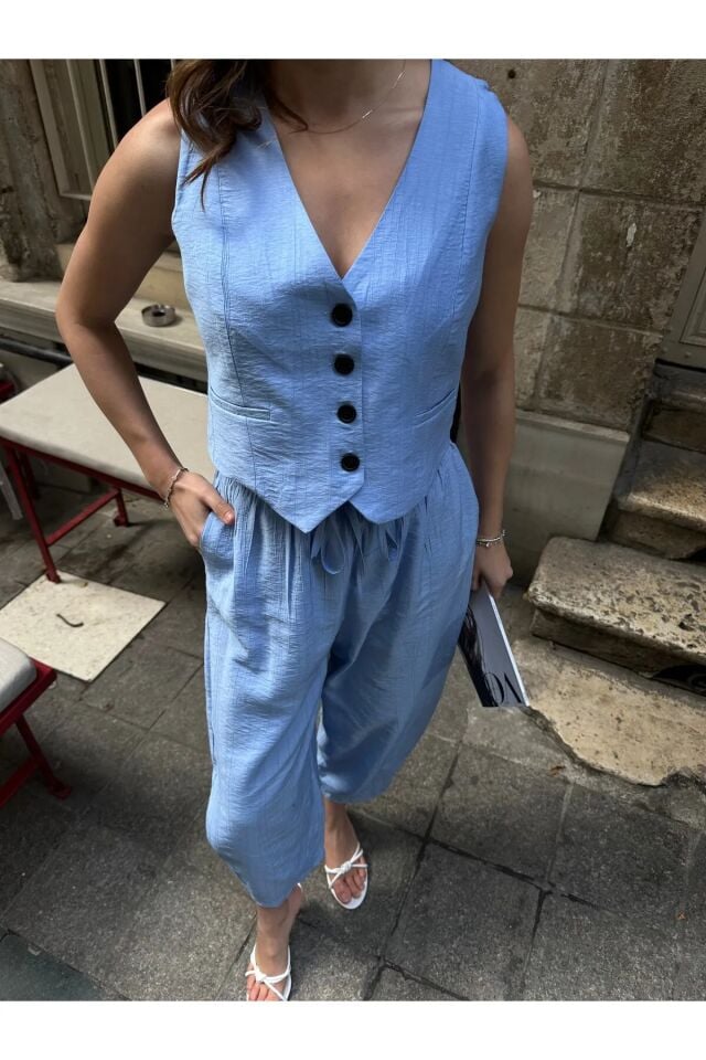 Premium Kumaş Yelekli Şalvar Kesim Pantolonlu Takım Mavi L