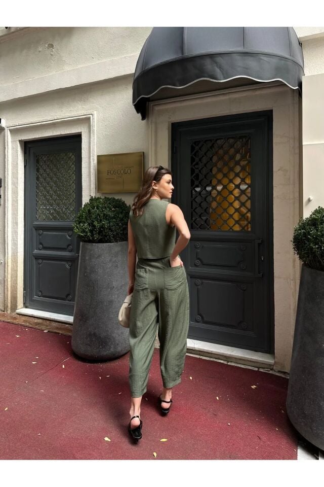Premium Kumaş Yelekli Şalvar Kesim Pantolonlu Takım Yeşil L
