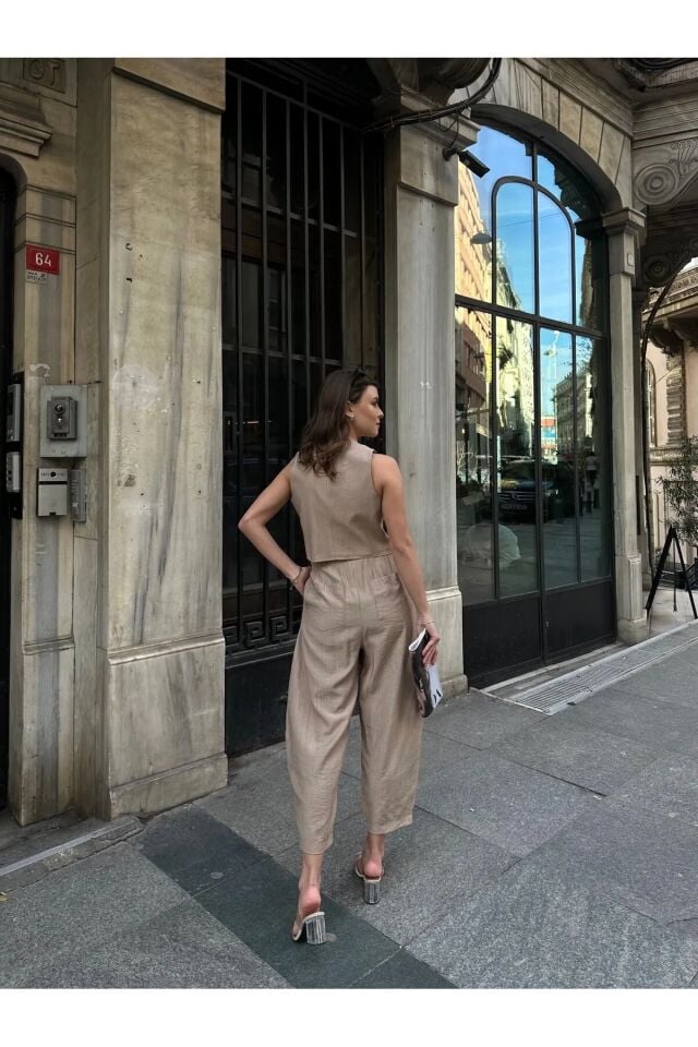 Premium Kumaş Yelekli Şalvar Kesim Pantolonlu Takım Bej L