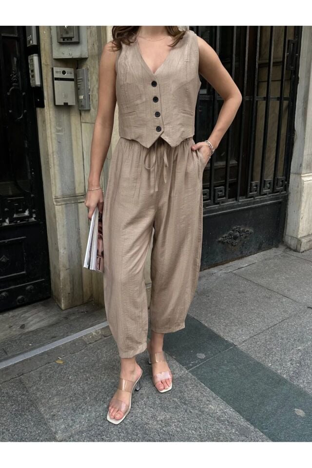 Premium Kumaş Yelekli Şalvar Kesim Pantolonlu Takım Bej L