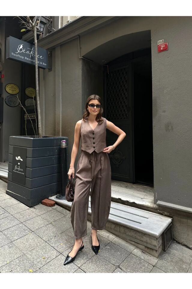 Premium Kumaş Yelekli Şalvar Kesim Pantolonlu Takım Kahverengi L