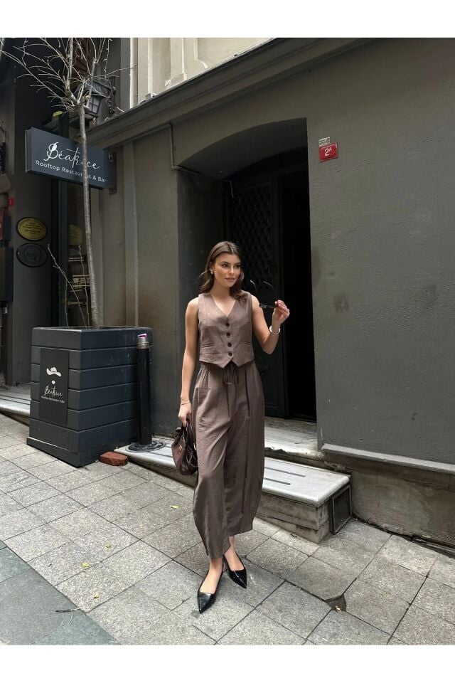 Premium Kumaş Yelekli Şalvar Kesim Pantolonlu Takım Kahverengi L