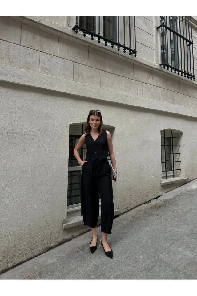 Premium Kumaş Yelekli Şalvar Kesim Pantolonlu Takım Siyah L