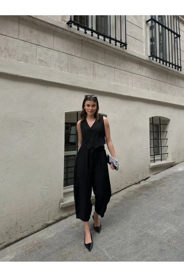 Premium Kumaş Yelekli Şalvar Kesim Pantolonlu Takım Siyah L