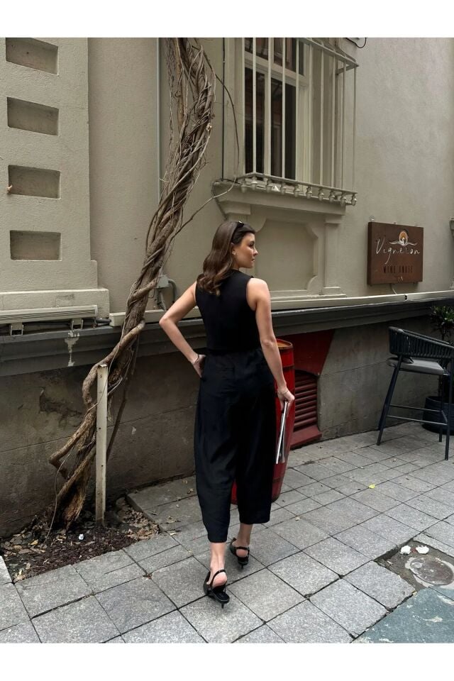 Premium Kumaş Yelekli Şalvar Kesim Pantolonlu Takım Siyah L