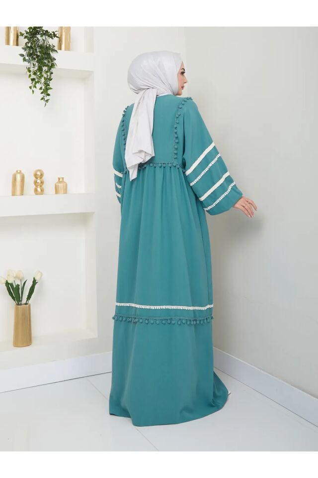 Şerit İşlemeli Geniş Elbise Turkuaz 4XL